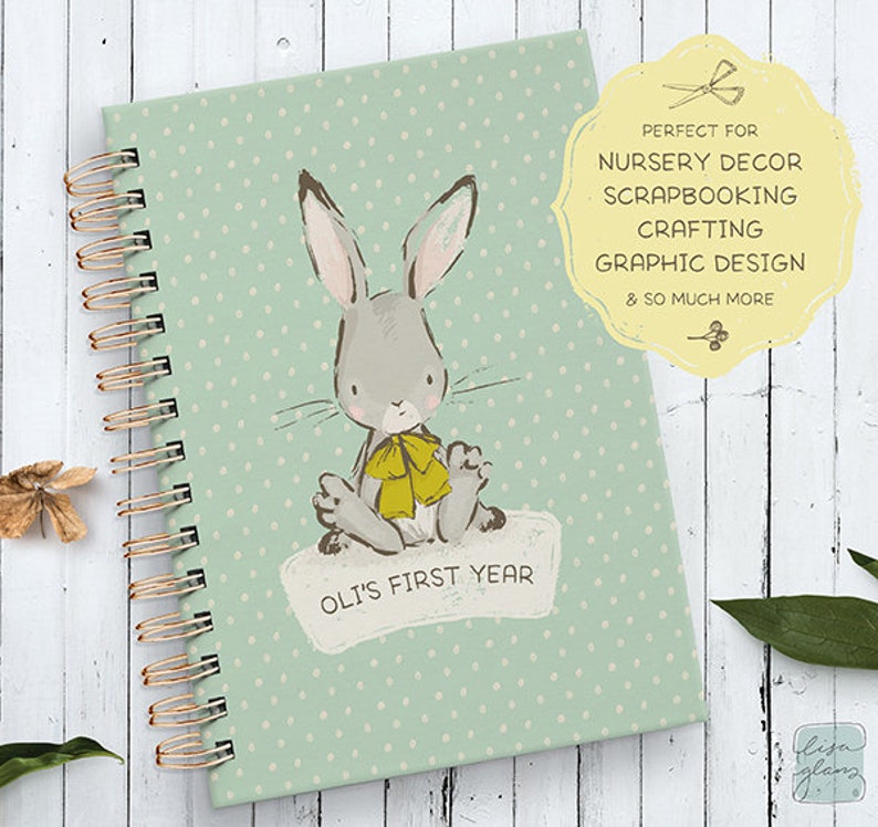 Cute baby bunny illustration with bow: sweet painted rabbit / invitation clip art animals / commercial use / baby animals yellow grey image 4
