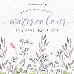Borde floral de acuarela: clipart de corona floral pintada / Clip art de invitación de boda / uso comercial / rosa, gris, lila, verde / CM0072b