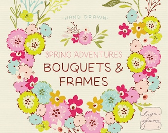 Colorful Spring flower clipart set: bouquet clip art, bright wreath, instant download floral frame clipart with PNG files for commercial use