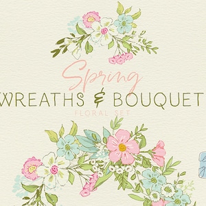 Spring Floral Wreaths and Bouquets clipart set: hand drawn floral clipart, downloadable invitation clipart for commercial use / CM103b