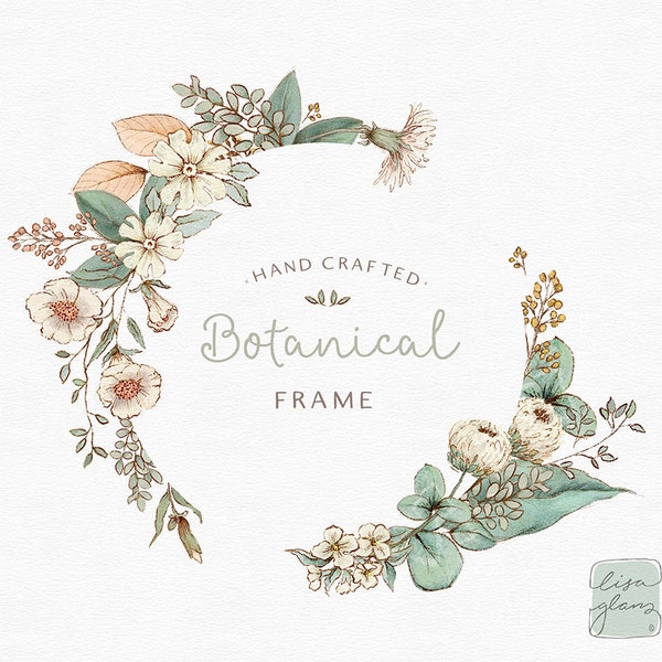 Hand drawn botanical frame: floral leaf wreath clipart / Wedding invitation clip art green leaves / commercial use / flowers mint peach