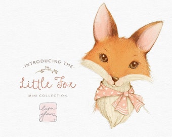 Vintage woodland fox illustration graphic: cute painted fox / invitation clip art animals / commercial use / baby animals blue and pink