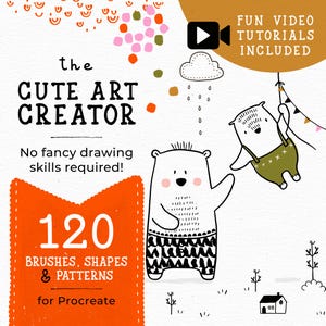 Könnte beinhalten: Illustration für "The Cute Art Creator" mit zwei Cartoon-Bären. Der Text enthält: "120 Pinsel, Formen & Muster für Procreate" und "Lustige Video-Tutorials inklusive".