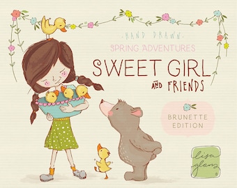 Spring clipart set: girl, bear and duckling clip art, brunette hair, instant download little girl clipart with PNG files for commercial use