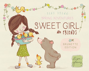 Zestaw clipartów „Wiosenna dziewczyna”: miś, kaczuszki, girlandy kwiatowe (pliki PNG)