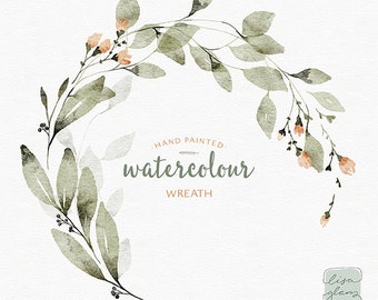 Wieniec akwarelowy, clipart: Oliwkowozielone liście i kwiaty brzoskwini (PNG)