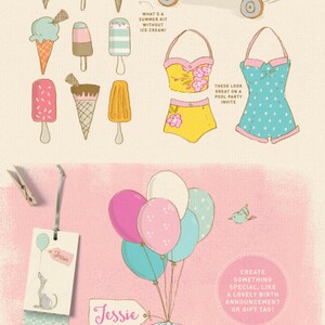 Puede incluir: Un conjunto de ilustraciones digitales con perros lindos, globos, helados y cometas. Las ilustraciones son de estilo vintage con una combinaci&oacute;n de colores azul claro y rosa. Las ilustraciones son perfectas para agregar un toque de fantas&iacute;a a tus proyectos.
