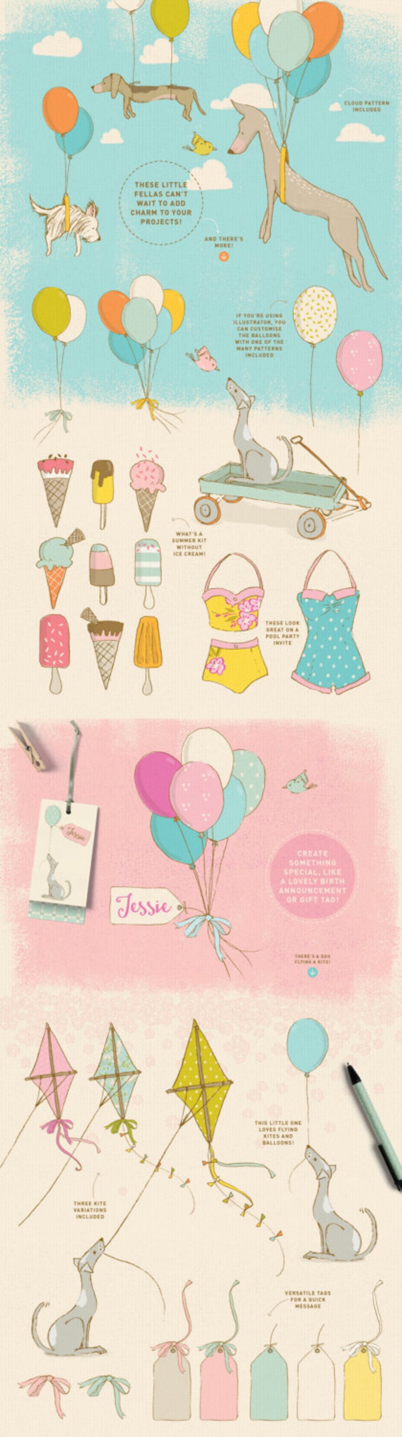 Puede incluir: Un conjunto de ilustraciones digitales con perros lindos, globos, helados y cometas. Las ilustraciones son de estilo vintage con una combinaci&oacute;n de colores azul claro y rosa. Las ilustraciones son perfectas para agregar un toque de fantas&iacute;a a tus proyectos.