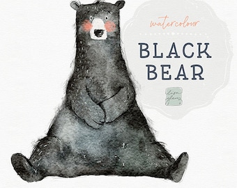 Clipart z akwarelowym czarnym niedźwiedziem, sztuka do pokoju dziecięcego (PNG)