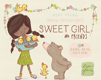 Spring clipart set: girl clip art, dark skin tone, instant download little girl clipart with PNG files for commercial use