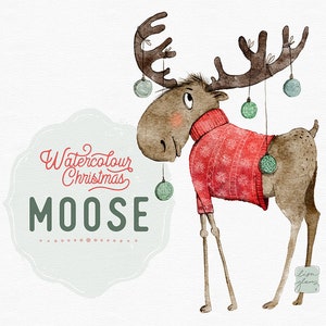 Watercolor Christmas winter woodland moose: hand painted animal clipart perfect for nursery art, holiday greetings and more image 1