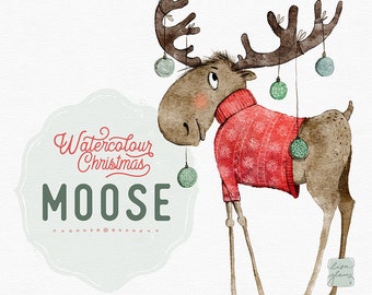 Watercolor Christmas winter woodland moose: hand painted animal clipart perfect for nursery art, holiday greetings and more!