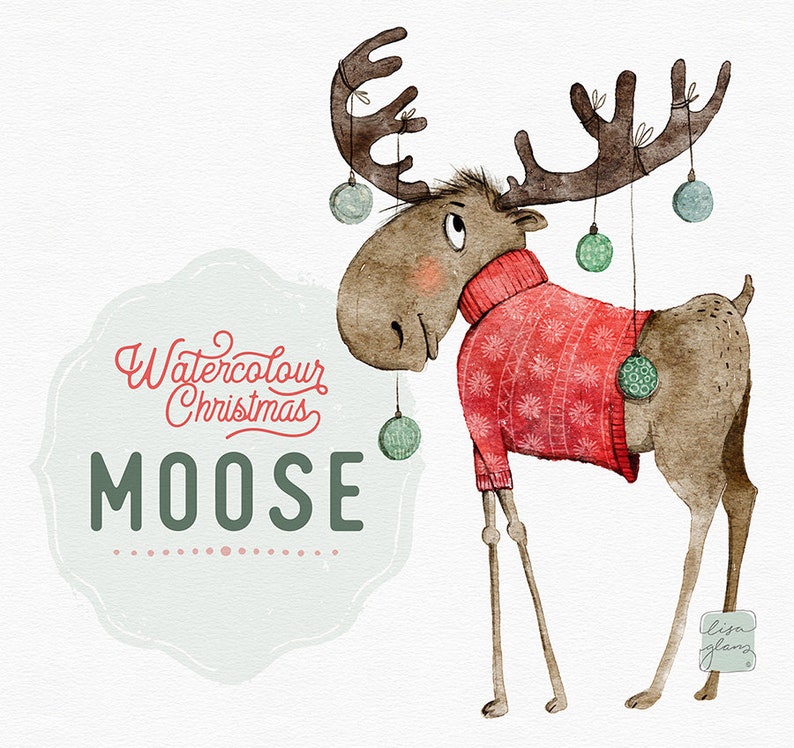 Watercolor Christmas winter woodland moose: hand painted animal clipart perfect for nursery art, holiday greetings and more image 1