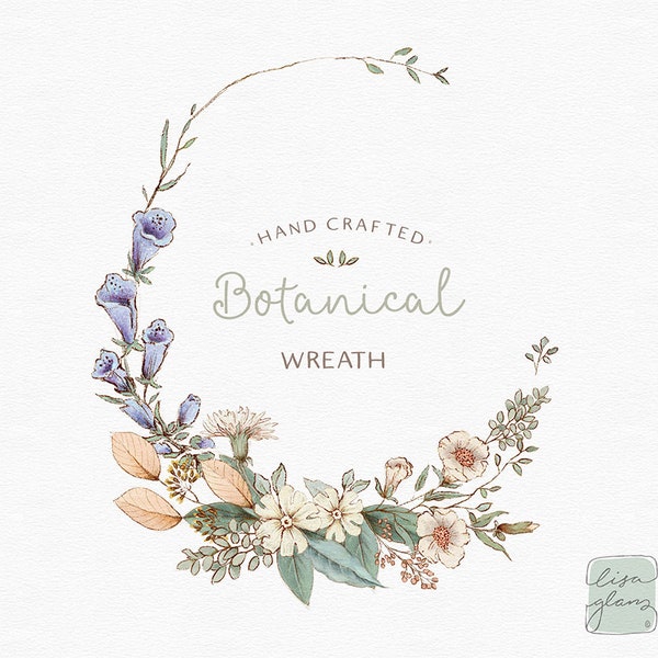 Hand Drawn Botanical Clipart Wreath: oval shape floral and green leafy hand-drawn wreath clipart perfect for modern wedding stationery