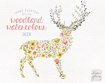 Watercolor deer: 1 PNG floral clipart / flowers / leaves and branches / Antler / Wedding invitation clip art / commercial use / CM0059a