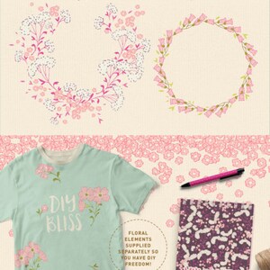 Puede incluir: Un conjunto de ilustraciones florales con una variedad de flores en rosa, azul y verde. Las ilustraciones incluyen coronas, bordes y flores individuales. El texto "Kate & Jason" y "15 de septiembre de 2016" est&aacute; incluido en la imagen.