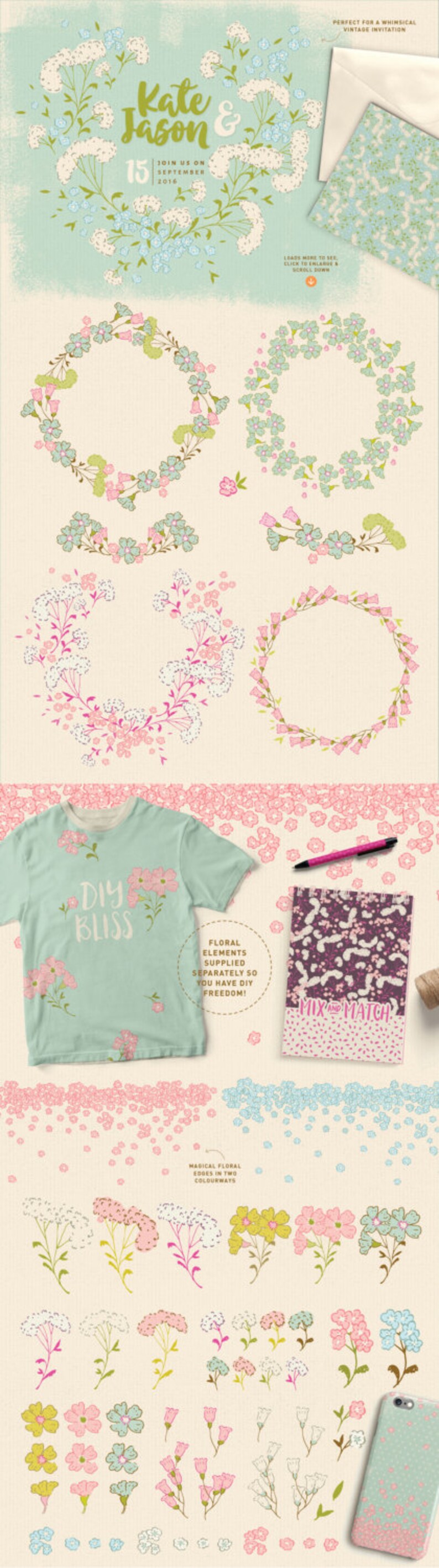 Puede incluir: Un conjunto de ilustraciones florales con una variedad de flores en rosa, azul y verde. Las ilustraciones incluyen coronas, bordes y flores individuales. El texto "Kate & Jason" y "15 de septiembre de 2016" est&aacute; incluido en la imagen.