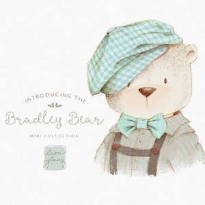 Ilustración gráfica de oso vintage con gorra: lindo oso de peluche pintado / imágenes prediseñadas de invitación de animales / uso comercial / animales bebés azul menta