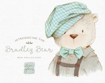 Vintage bear illustration graphic with cap: cute painted teddy bear / invitation clip art animals / commercial use / baby animals mint blue