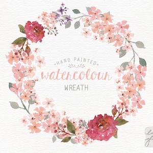 Clipart Couronne de fleurs aquarelle peint à la main : Crimson Blossom (PNG)