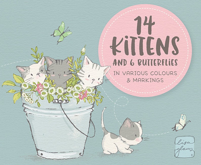 Spring kitten clipart set: kittens & butterflies clip art, cat clipart, instant download kitten clipart with PNG files for commercial use image 2