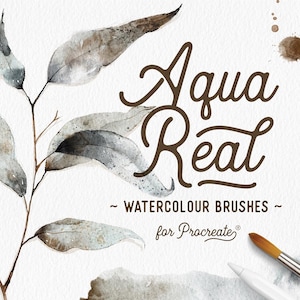 May include: An image promoting watercolour brushes for Procreate, with the text "Aqua Real" in a brown, cursive font. The image includes watercolour leaves and a paint brush.