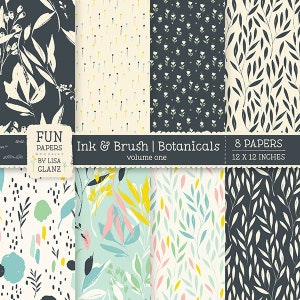 Brush Ink Modern Botanicals Papier druckbar, digitaler Download Papiere in 12x12 Zoll, Blumen Hintergrund, florale Papiere in schwarz und weiß
