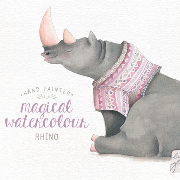 Watercolor Rhino Clipart: Safari Nursery Art (PNG)