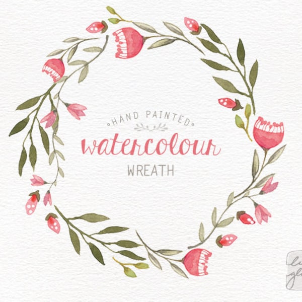 Clipart couronne de fleurs aquarelle : faire-part de mariage rose (PNG)
