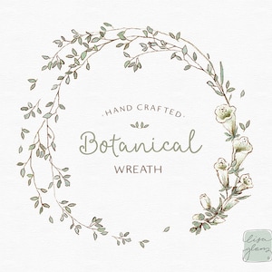 Handgemachte Botanische Clipart: runde Form floral grün blattig handgezeichnet Kranz Clipart perfekt für moderne Hochzeit Briefpapier