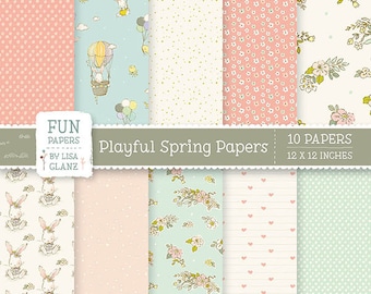Papel digital primaveral divertido: Conejitos y flores (30,5 x 30,5 cm) (Descarga digital)