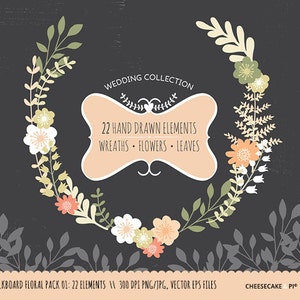 Collezione di clip art di matrimonio alla lavagna: clipart di ghirlande floreali disegnate a mano, foglie di fiori 22 elementi / vettore, PNG, JPG / allori / CP0024