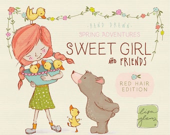 Spring clipart set: girl clip art, red hair, instant download little girl clipart with PNG files for commercial use