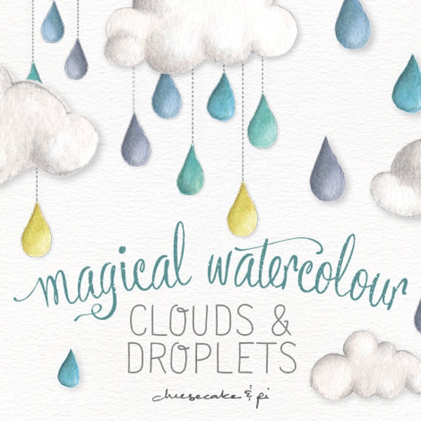 Watercolor fluffy clouds and rain drops: PNG clip art / whimsical clip art / commercial use / nursery art / children decor / CM0076-clouds