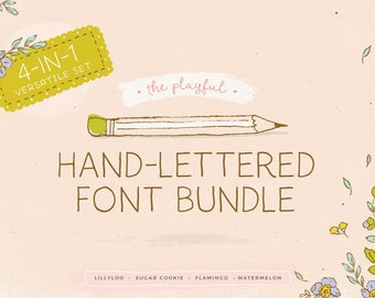 Font: 4-in-1 Playful Hand-Lettered Font Bundle / fonts / hand-lettered / calligraphy / script font / rustic hand drawn font