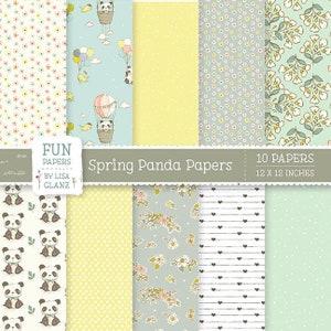 Papéis para impressão de primavera, papéis para download digital de panda em 12 x 12 polegadas, fundo de flores, papel artesanal de pandas