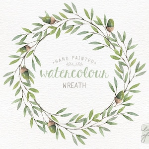Watercolor wreath: painted floral wreath clipart / Wedding invitation clip art / acorn wreath / commercial use /winter forest wreath CM0085d image 1