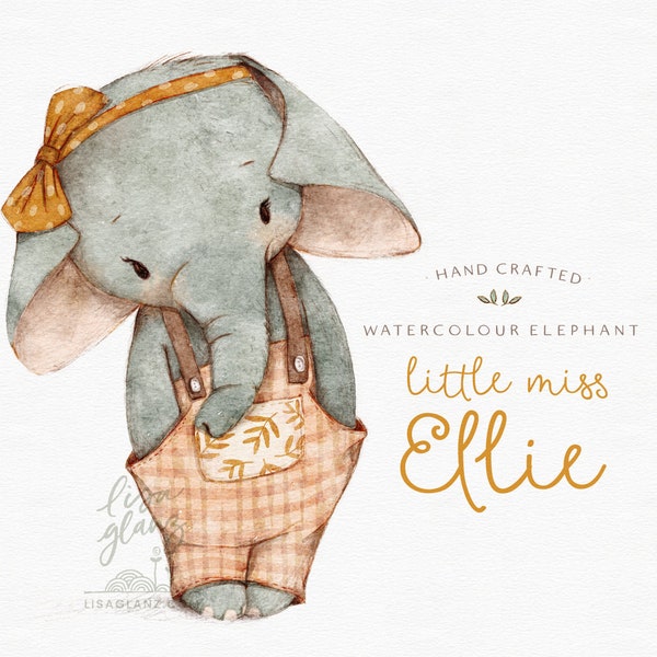 Éléphant aquarelle : clipart peint à la main / art de pépinière de fille des bois / bébé animal clip art / anniversaire des enfants / annonce de naissance de bébé