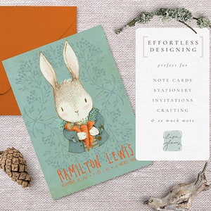 Vintage bunny illustration graphic with coat: cute painted rabbit / invitation clip art animals / commercial use / baby animals green orange image 5