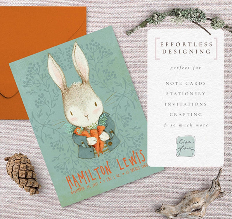 Vintage bunny illustration graphic with coat: cute painted rabbit / invitation clip art animals / commercial use / baby animals green orange image 5