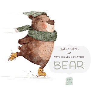 Ours de patinage à l’aquarelle des bois d’hiver: animal clipart peint à la main sur des patins à glace idéal pour les projets de pépinière, de Noël et de vacances