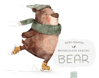 Akwarela: Niedźwiedź na łyżwach, Klipart: Zimowe zwierzę leśne (PNG)