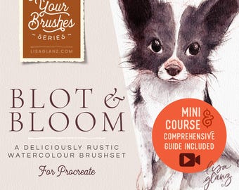 Blot & Bloom Procreate Watercolour Brush Set, Rustic Textured Brushes for iPad Illustration, Mini Course and Portrait Tutorial Included
