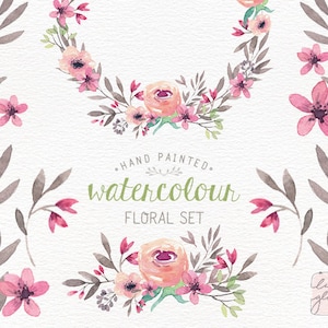 Watercolor floral set: handpainted floral clipart / Wedding invitation clip art / Peach and pink floral wreath / commercial use / CM0084j