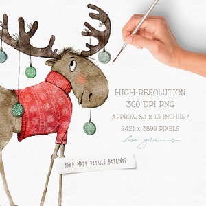 Watercolor Christmas winter woodland moose: hand painted animal clipart perfect for nursery art, holiday greetings and more image 3