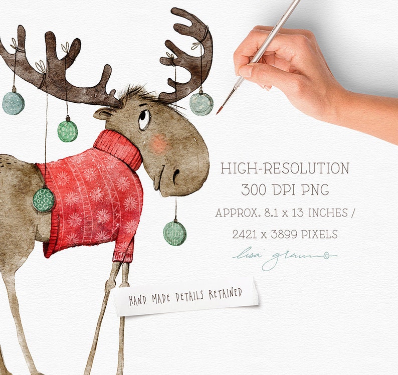 Watercolor Christmas winter woodland moose: hand painted animal clipart perfect for nursery art, holiday greetings and more image 3