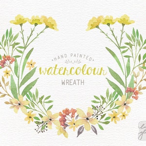 Aquarel krans: PNG bloemenkrans clipart / bloemenkrans / bruiloft uitnodiging clip art / commercieel gebruik / geel & groen / CM0076g