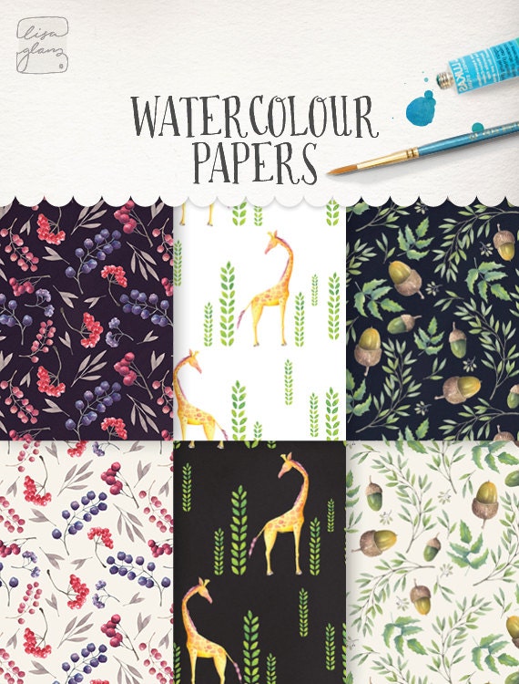 Watercolor Paper Set: Berries, Acorns & Giraffe Designs (Digital Paper)
