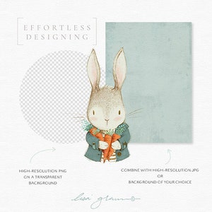 Vintage bunny illustration graphic with coat: cute painted rabbit / invitation clip art animals / commercial use / baby animals green orange image 4