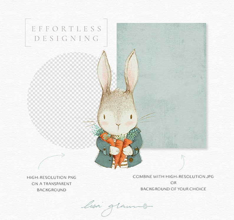 Vintage bunny illustration graphic with coat: cute painted rabbit / invitation clip art animals / commercial use / baby animals green orange image 4